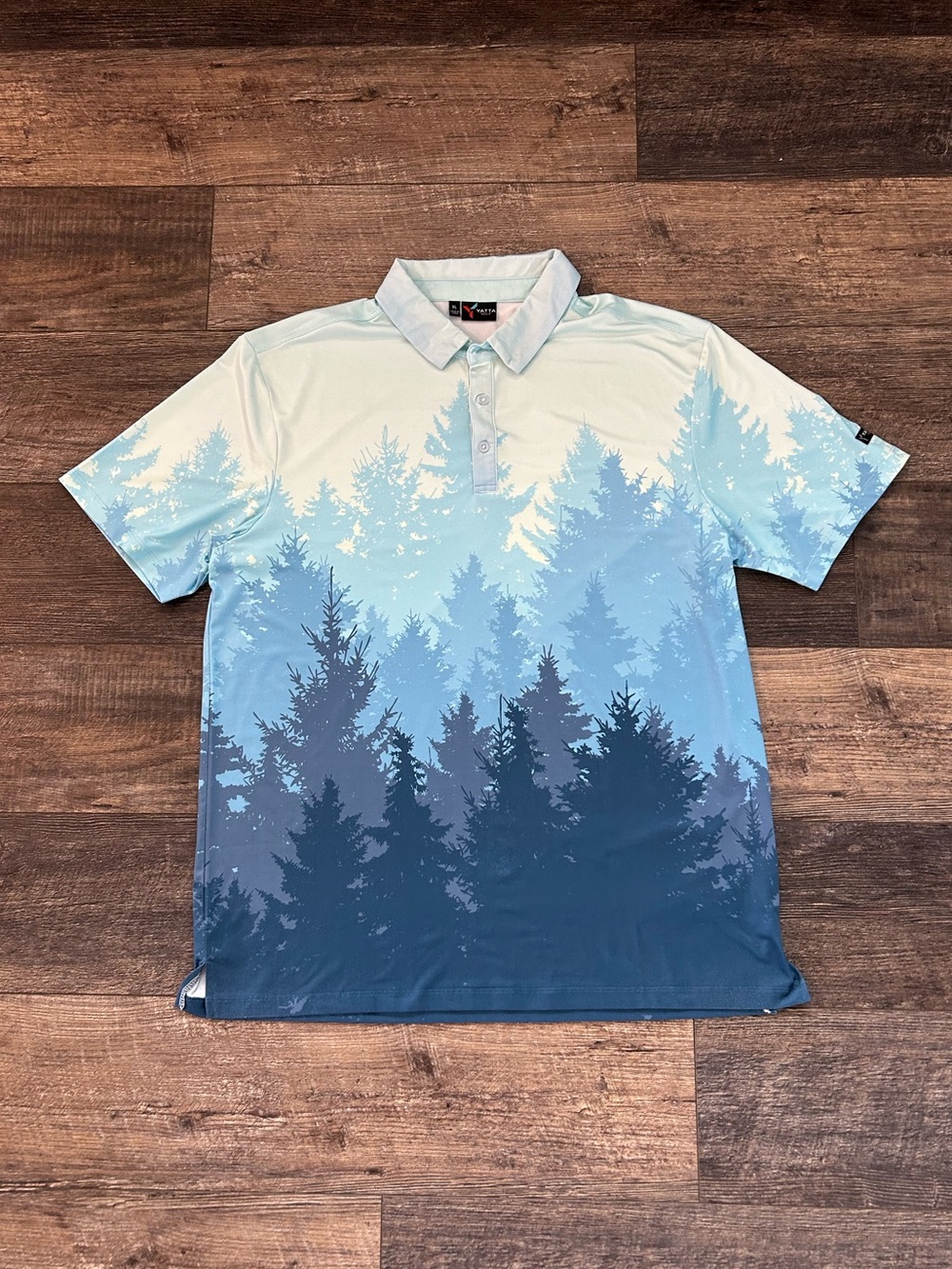 YATTA Golf Polo Shirt Mens XL Mountain Forest Trees Print Blue Green Golfing